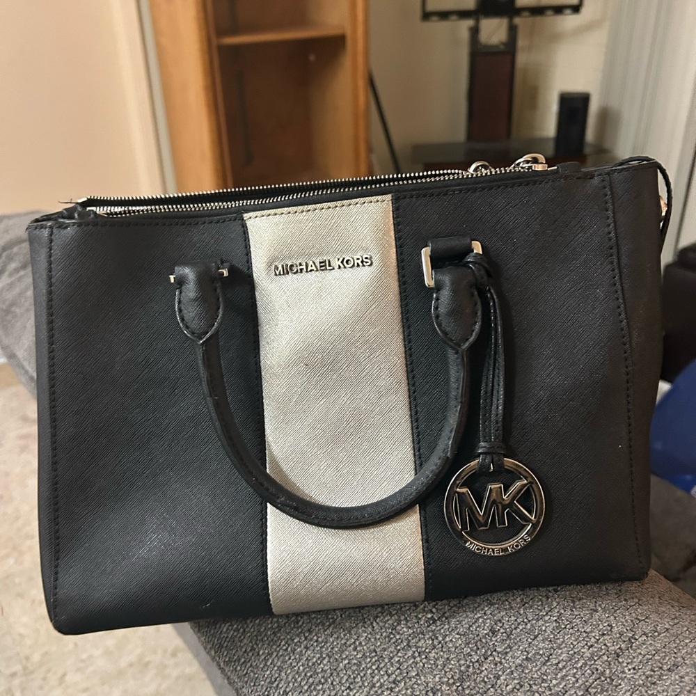 Michael Kors Black and Silver Satchel with Leather Handles